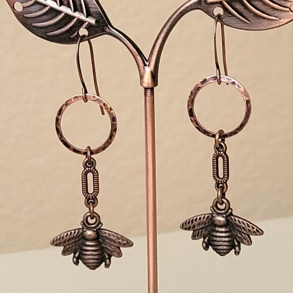 HONEY BEE Copper Charm Earrings Brass Hook Ear wires Bumble Bee, Insect - Picture 1 of 10